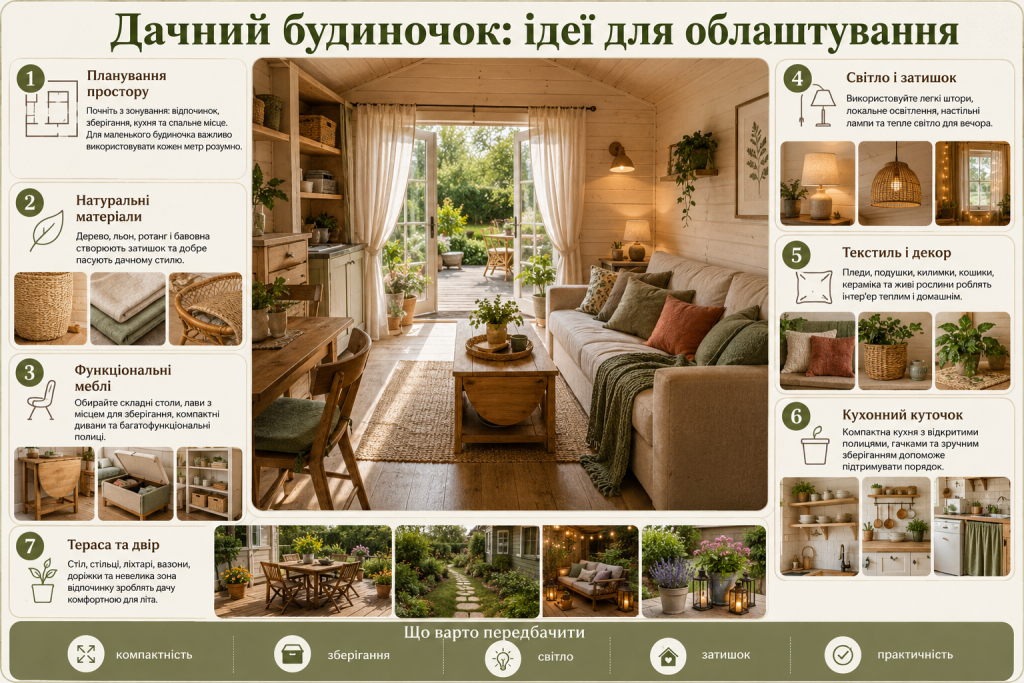 Ідеї облаштування дачного будиночка — меблі, освітлення, декор, кухня, тераса та зберігання