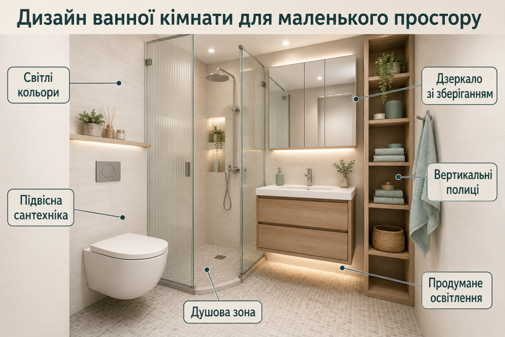 Інфографіка з компактною ванною кімнатою, підвісною сантехнікою, душовою зоною, дзеркалом, полицями та продуманим освітленням