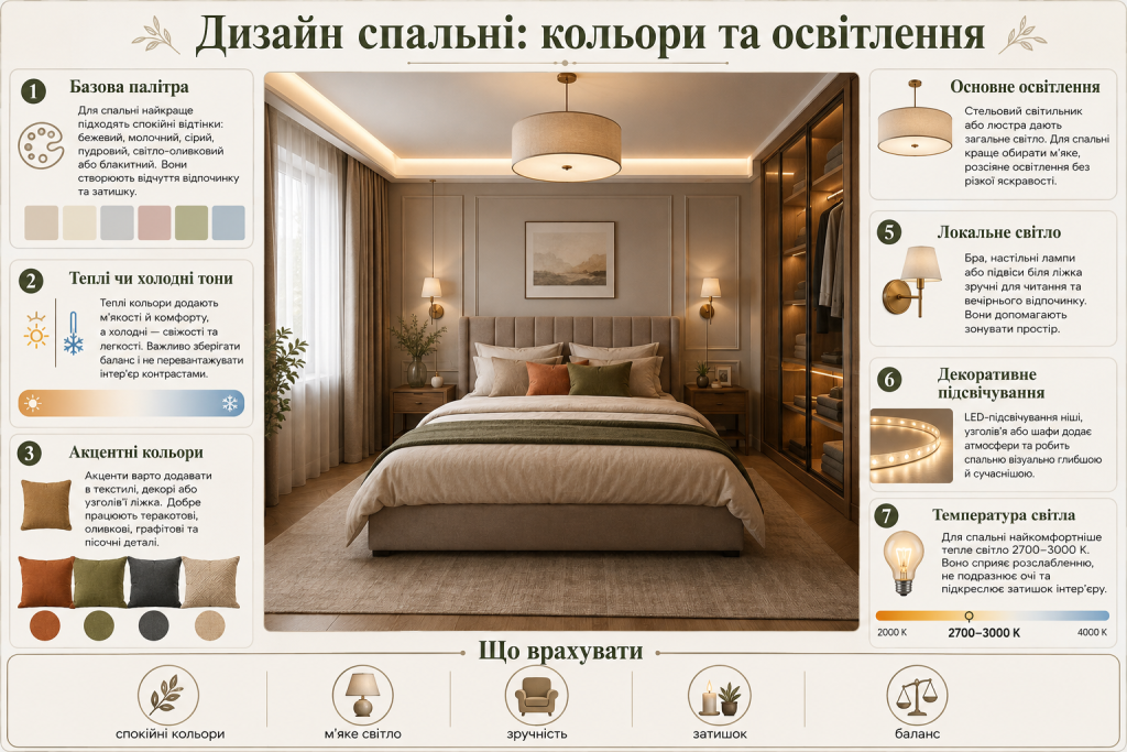 Інфографіка про вибір кольорової гами, основного, локального та декоративного освітлення для сучасної спальні