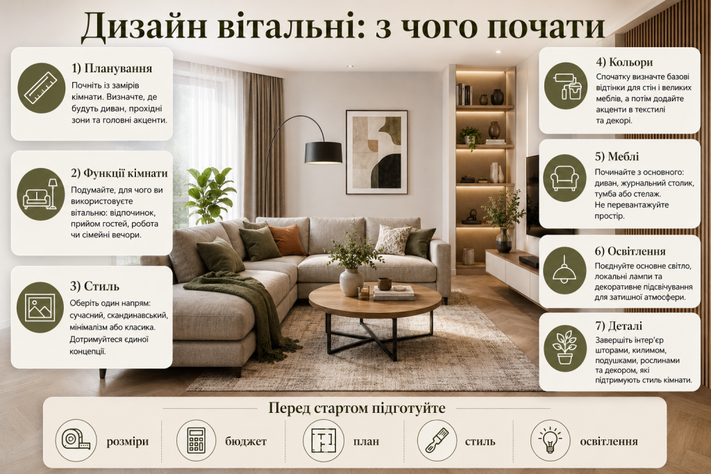 Інфографіка з основними етапами створення дизайну вітальні від планування до вибору меблів, кольорів та освітлення