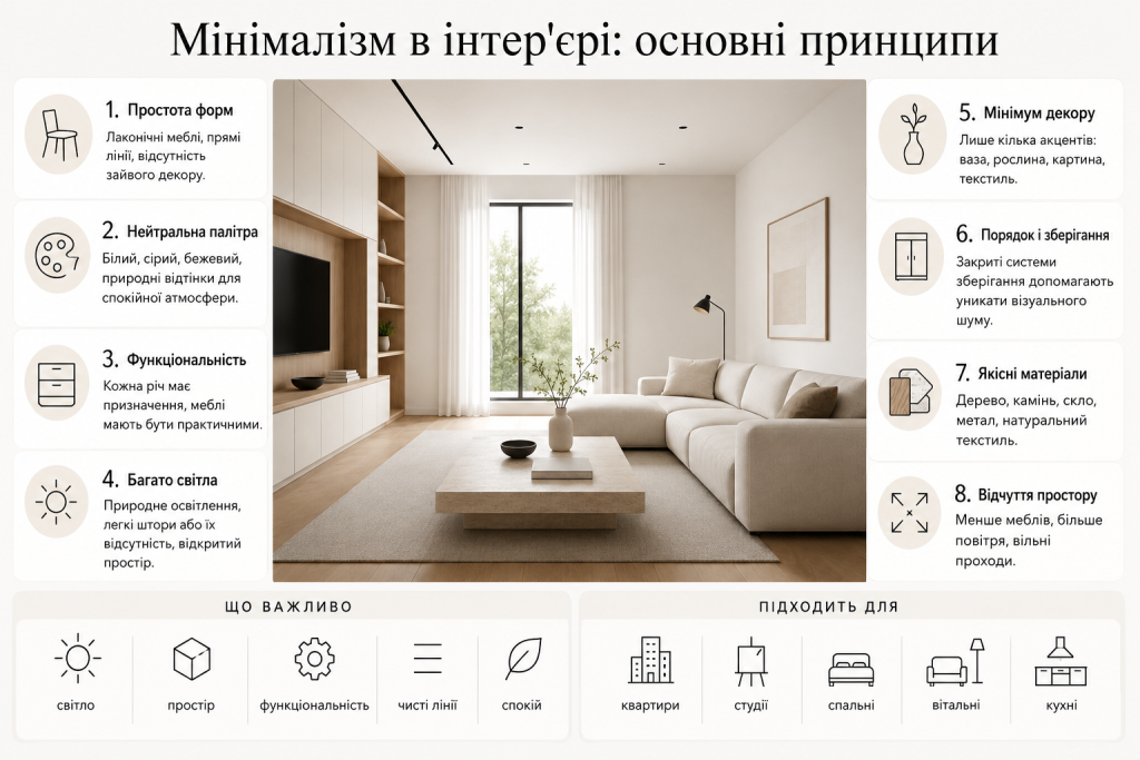 Основні принципи мінімалізму в інтер’єрі — прості форми, нейтральні кольори, функціональність і мінімум декору