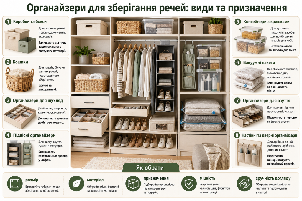 Інфографіка з видами органайзерів для зберігання одягу, взуття, текстилю, аксесуарів та побутових речей