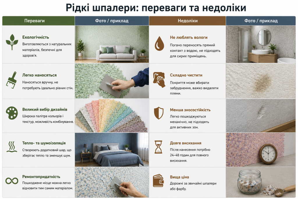 Переваги та недоліки рідких шпалер — властивості, нанесення, догляд і використання в інтер’єрі