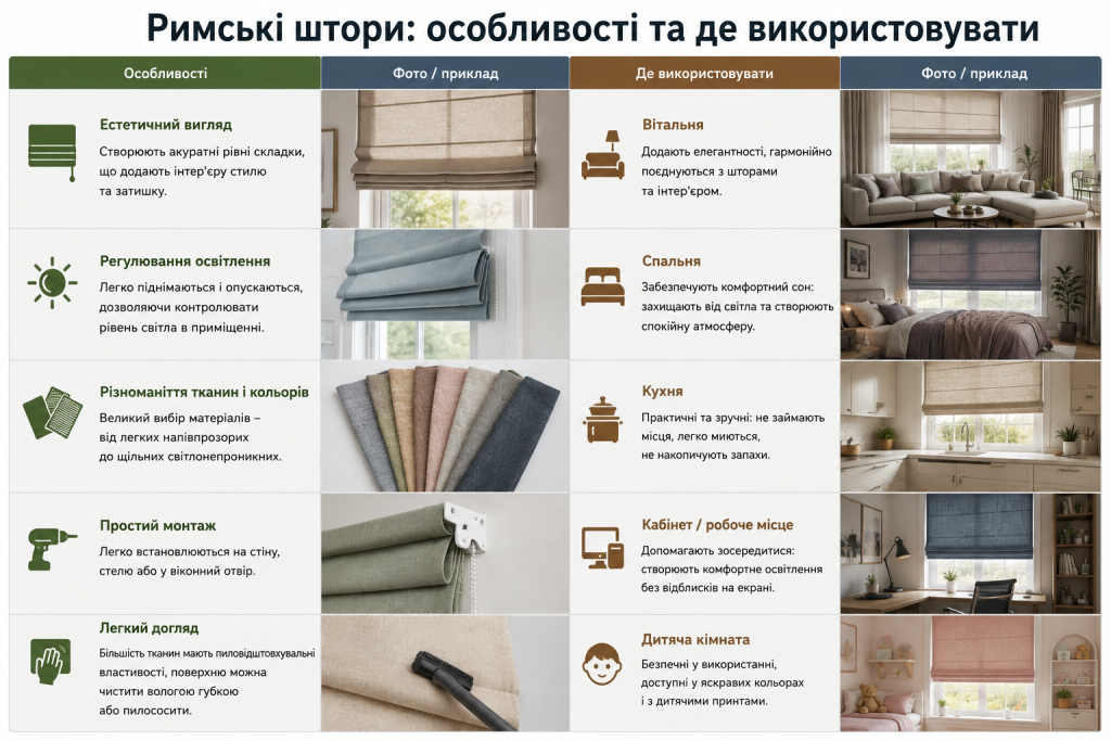 Особливості римських штор та приклади використання у вітальні, спальні, кухні, кабінеті й дитячій кімнаті
