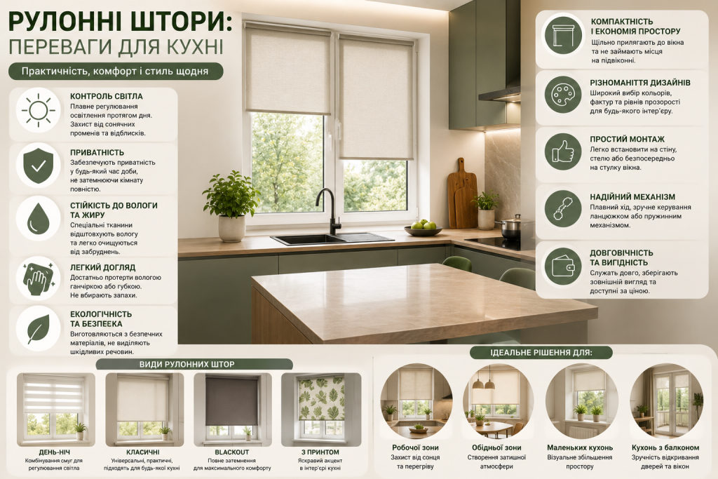 Переваги рулонних штор для кухні — контроль світла, приватність, вологостійкість, компактність і простий догляд
