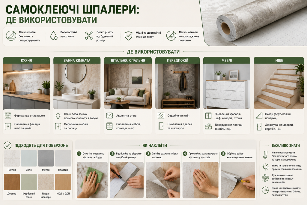 Варіанти використання самоклеючих шпалер на кухні, у ванній, вітальні, передпокої, на меблях і сходах