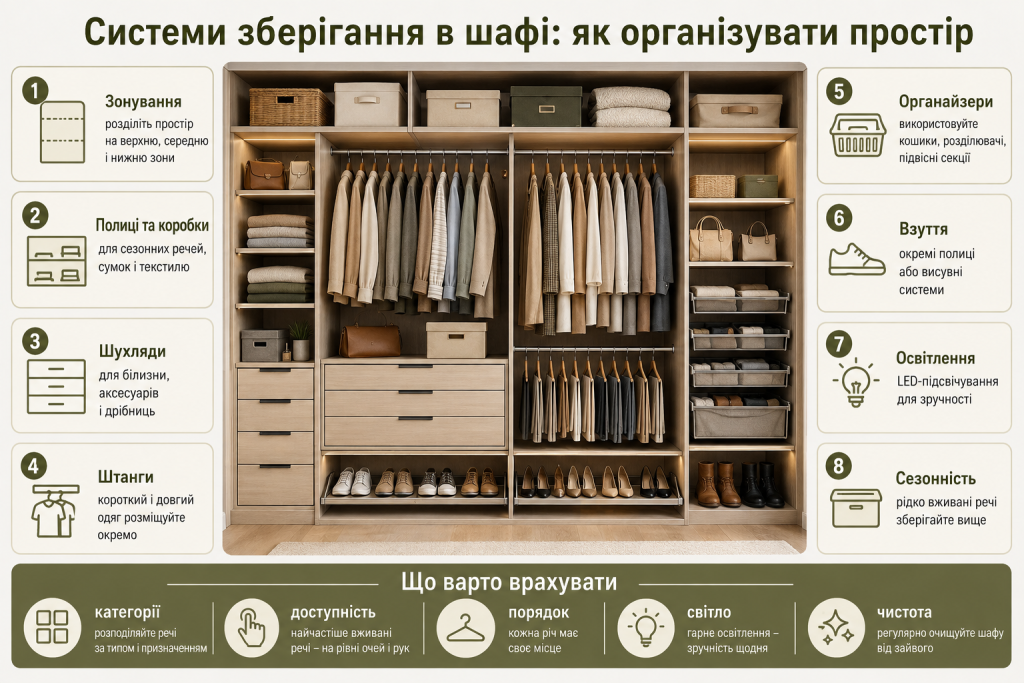 Організація простору в шафі за допомогою полиць, шухляд, штанг, коробок та органайзерів