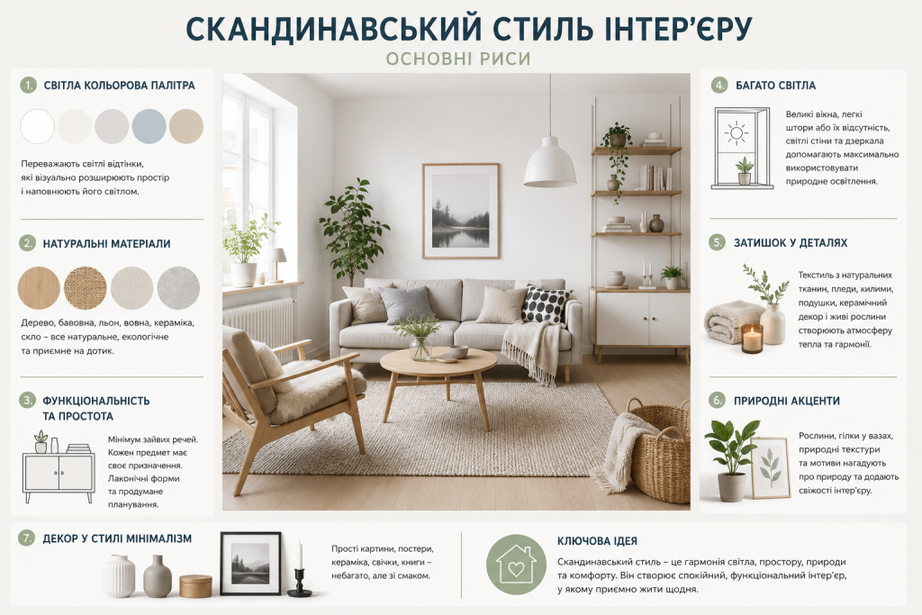 Інфографіка про скандинавський стиль інтер’єру зі світлою палітрою, натуральними матеріалами та мінімалістичним декором