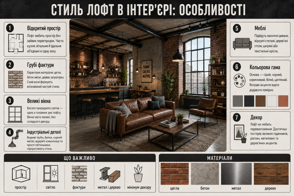 Інфографіка про стиль лофт в інтер’єрі з цеглою, бетоном, металом, деревом, великими вікнами та відкритим простором