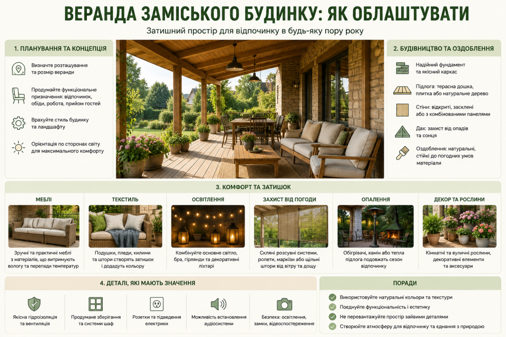 Затишна сучасна веранда заміського будинку з меблями, рослинами та зоною відпочинку