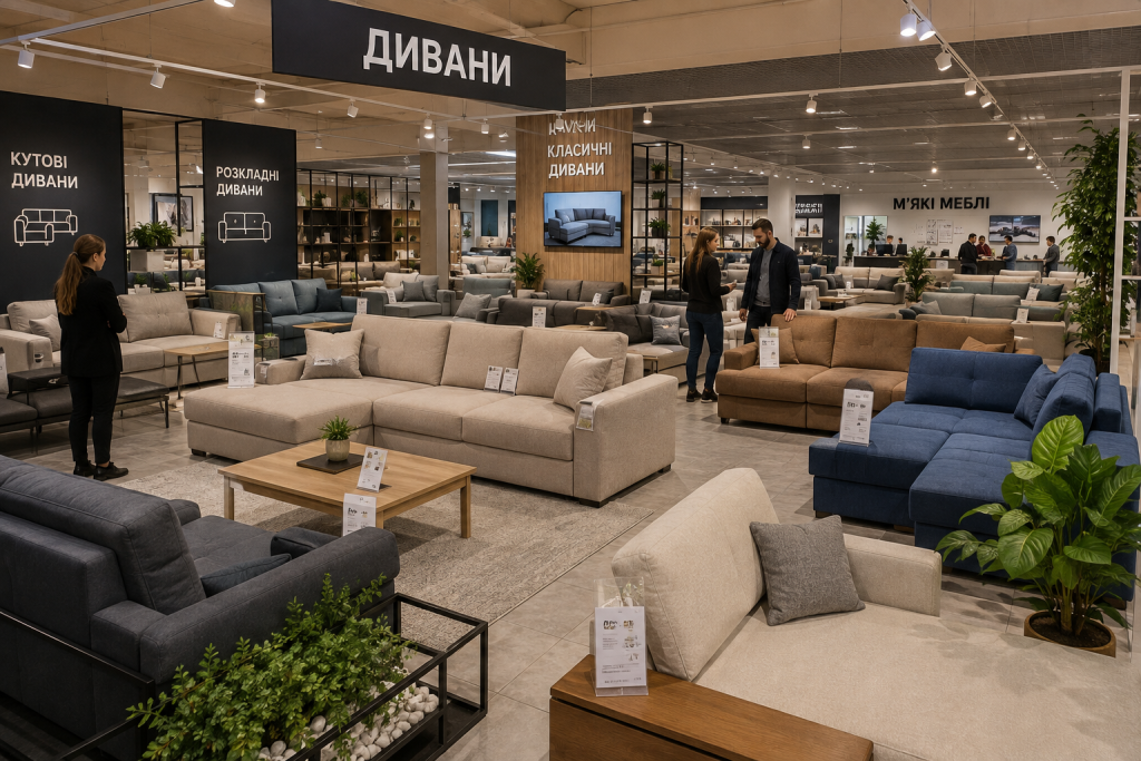 Великий відділ диванів у меблевому магазині з розкладними, кутовими та класичними моделями різних кольорів