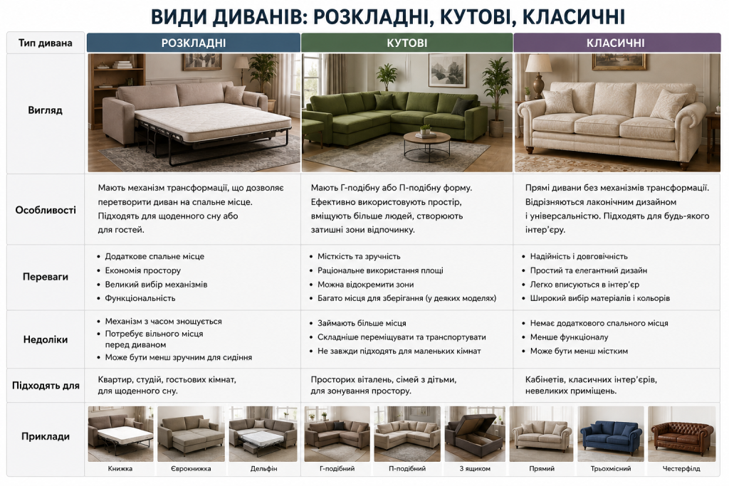 Порівняльна таблиця розкладних, кутових і класичних диванів з їхніми перевагами, недоліками та особливостями