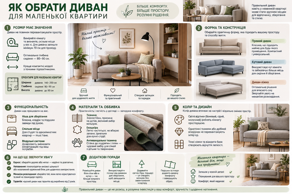 Як вибрати диван для маленької квартири — розміри, форма, функціональність, матеріали та дизайн