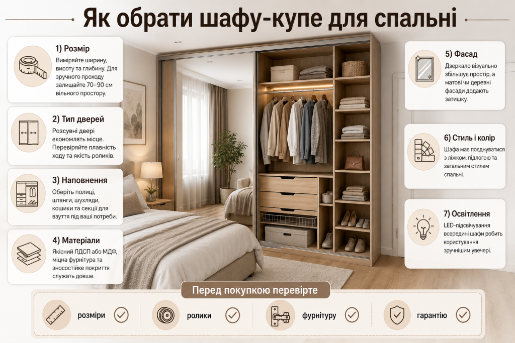 Інфографіка про те, як обрати шафу-купе для спальні за розміром, матеріалами, наповненням і типом фасаду
