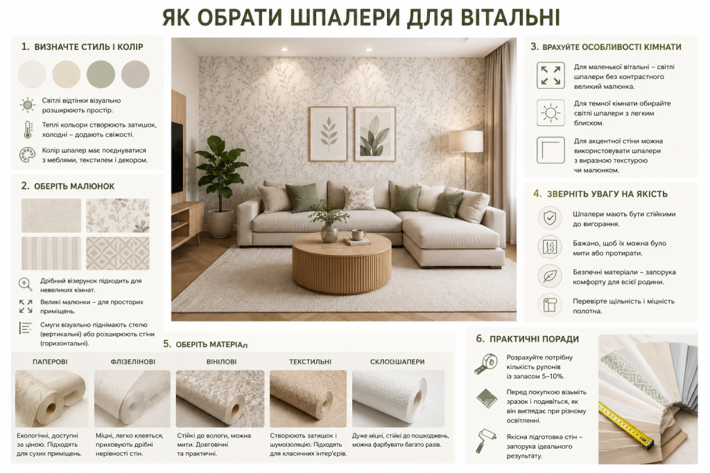 Інфографіка про вибір шпалер для вітальні за кольором, малюнком, матеріалом і особливостями кімнати
