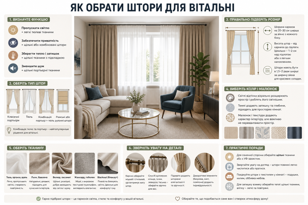 Інфографіка про вибір штор для вітальні за типом тканини, розміром, кольором, функціональністю та дизайном