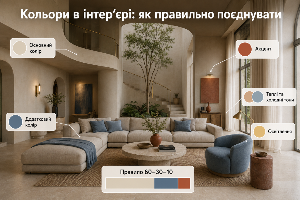 Інфографіка сучасної вітальні із прикладом поєднання основного, додаткового та акцентного кольорів за правилом 60–30–10