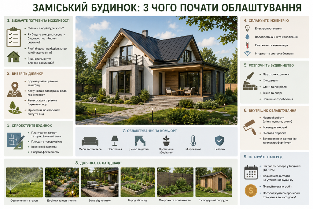 Інфографіка про основні етапи облаштування заміського будинку від вибору ділянки та проєктування до ландшафту