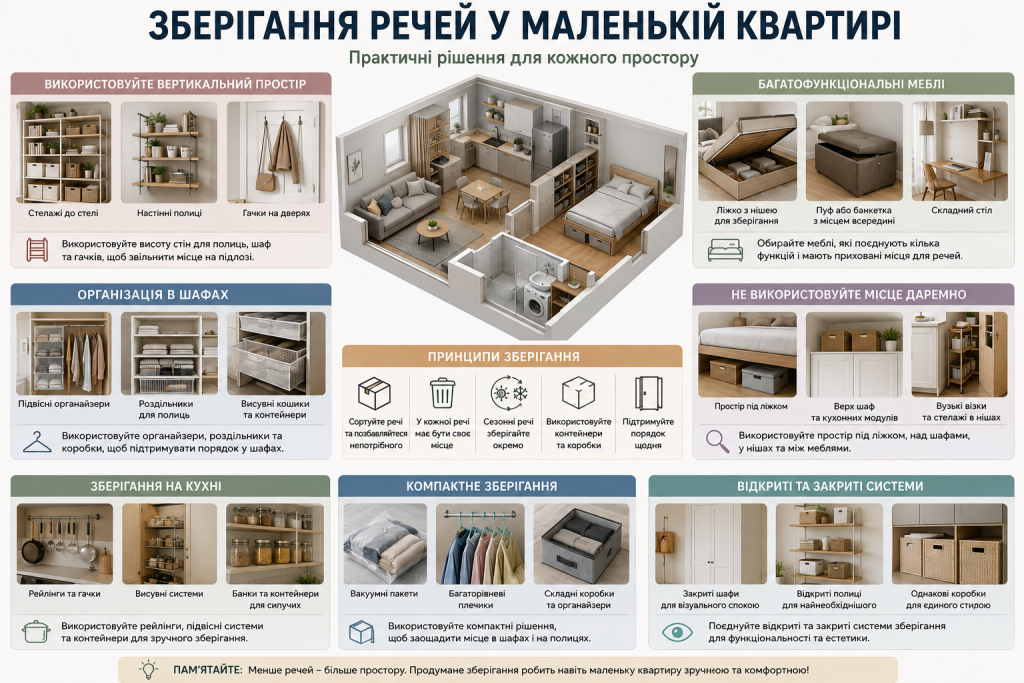 Інфографіка з компактними системами зберігання речей для ефективного використання простору маленької квартири