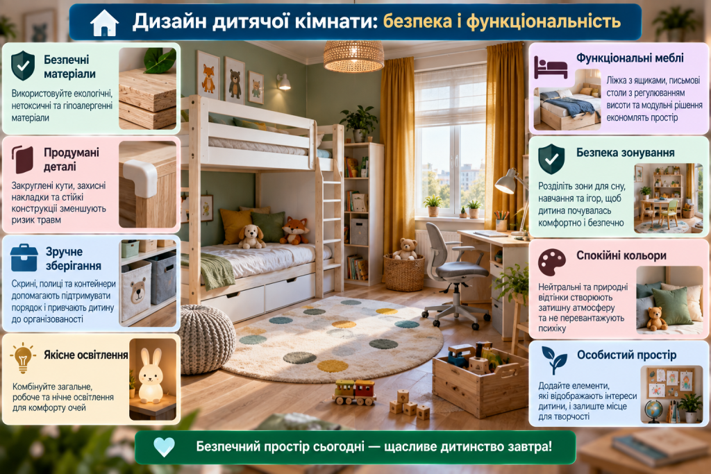 Інфографіка про безпечний і функціональний дизайн дитячої кімнати, вибір матеріалів, меблів, освітлення, зонування та систем зберігання.