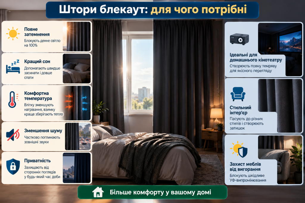 Інфографіка про переваги штор блекаут: повне затемнення кімнати, кращий сон, теплоізоляцію, шумоізоляцію та приватність.