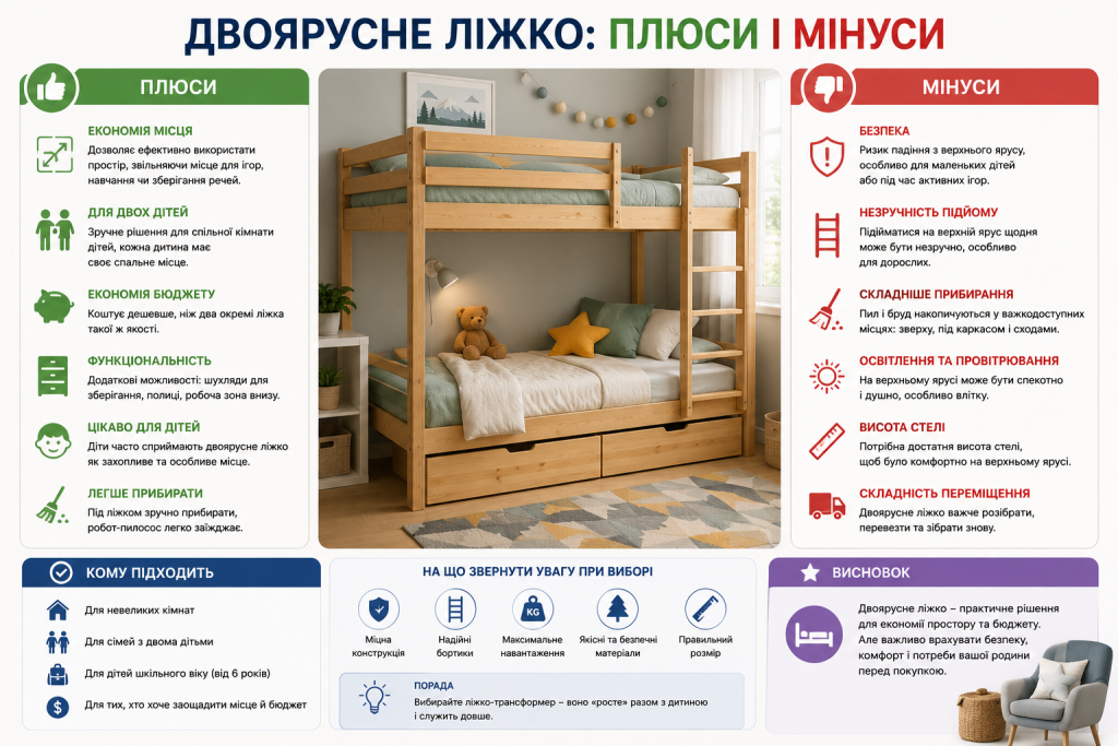 Інфографіка про переваги й недоліки двоярусного ліжка, безпеку, економію місця, функціональність і правила вибору