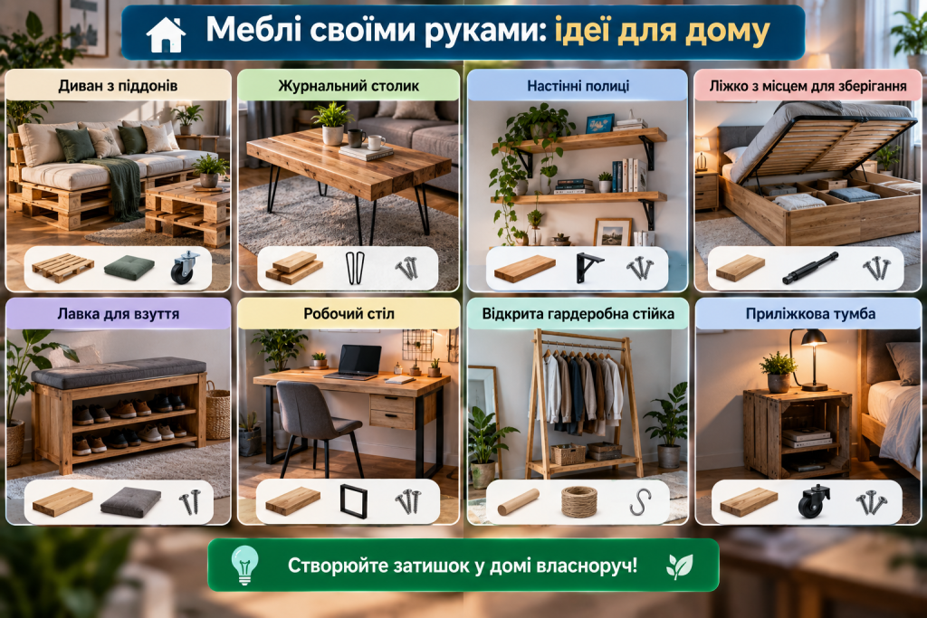 Інфографіка з ідеями меблів своїми руками: диван із піддонів, стіл, полиці, ліжко, лавка, гардеробна стійка та тумба.