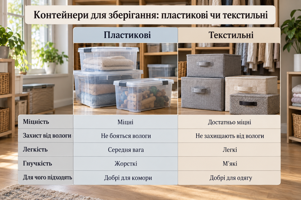 Порівняльна таблиця пластикових і текстильних контейнерів для зберігання за міцністю, захистом від вологи, вагою та гнучкістю