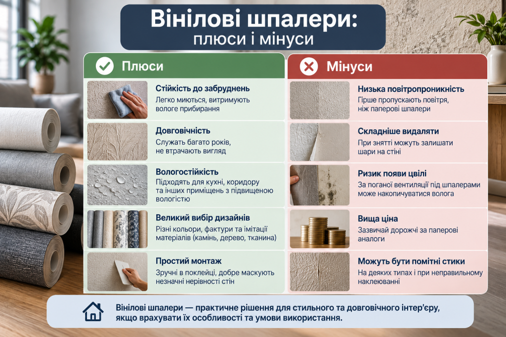 Інфографіка про переваги й недоліки вінілових шпалер, їх довговічність, вологостійкість, монтаж, дизайн і особливості експлуатації.