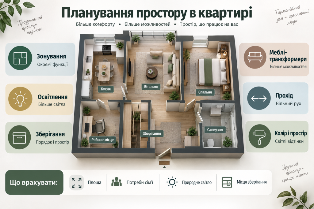 Інфографіка про планування простору в квартирі із зонуванням, освітленням, місцями зберігання, проходами та меблями-трансформерами.
