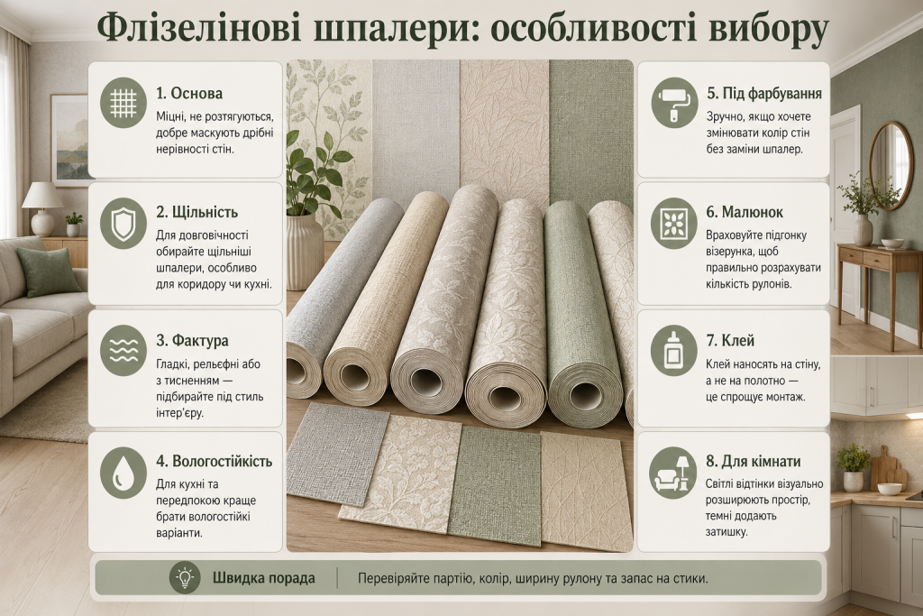 Інфографіка про вибір флізелінових шпалер за основою, щільністю, фактурою, вологостійкістю, малюнком і способом нанесення клею