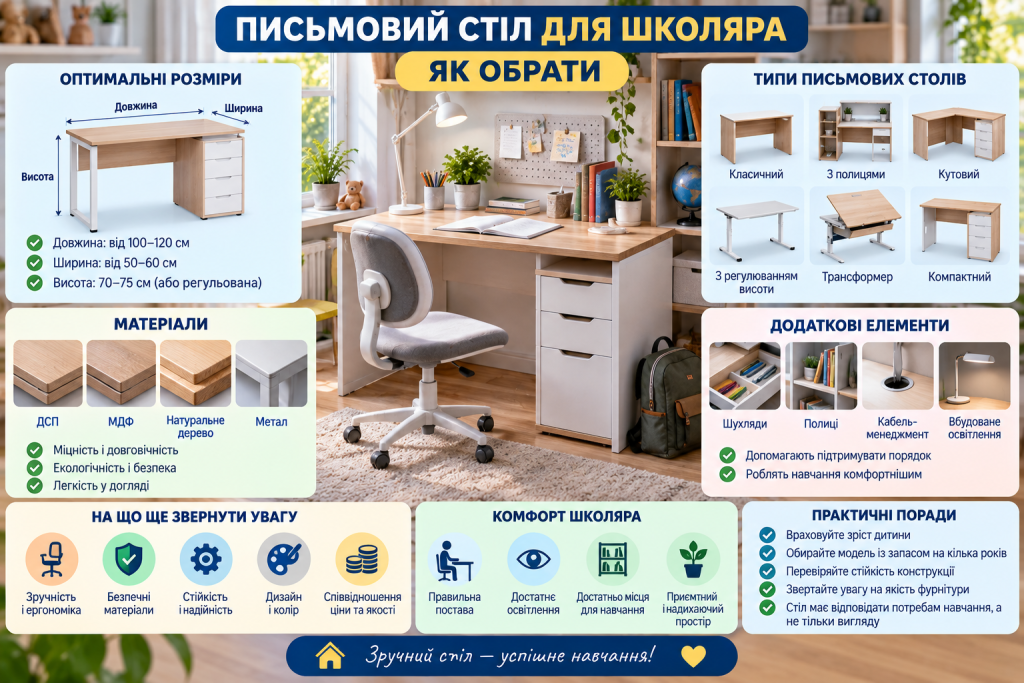Інфографіка про вибір письмового столу для школяра, оптимальні розміри, матеріали, типи столів, ергономіку та додаткові елементи