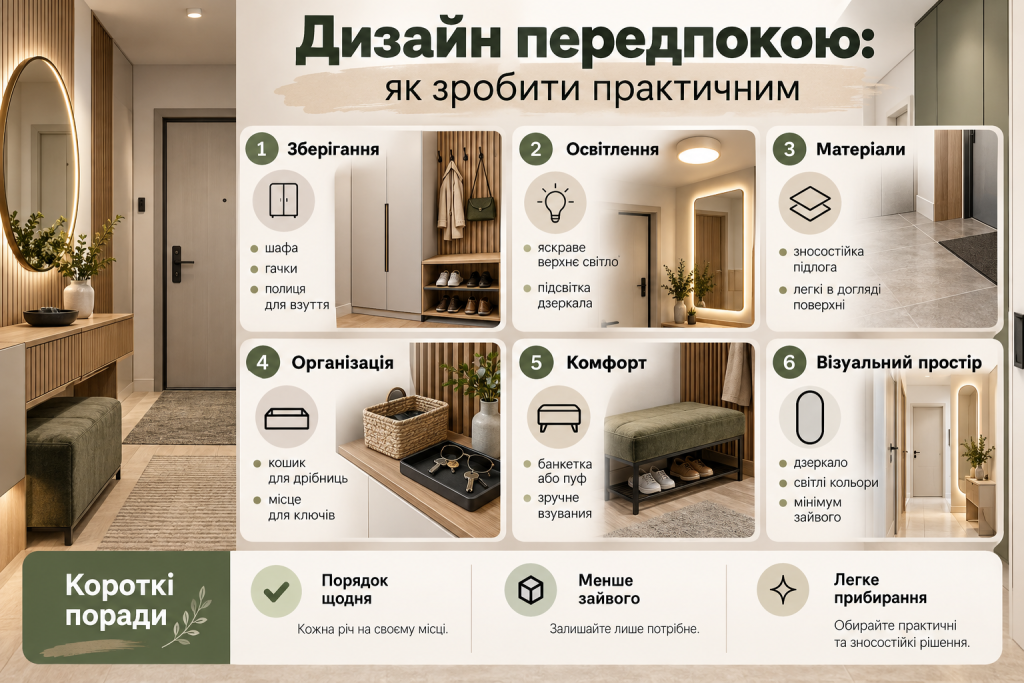 Інфографіка з порадами щодо дизайну передпокою: організація зберігання, правильне освітлення, вибір матеріалів, меблів, дзеркал і кольорової гами.